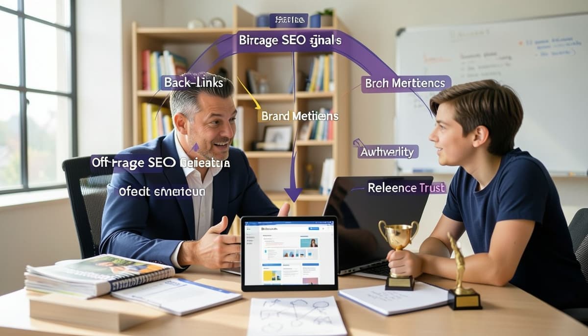 A visual comparison showing backlinks, brand mentions, authority, relevance, and trust as overlapping but distinct off-page SEO signals around a central business website