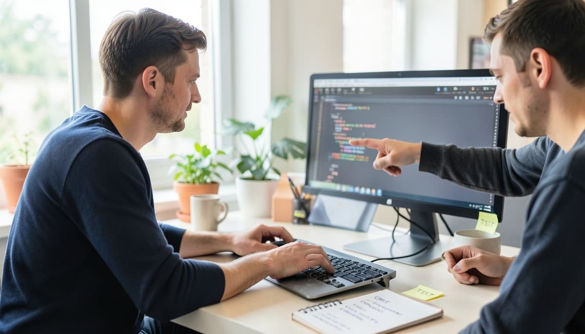 A single developer configuring an HTTP request node beside a JSON response preview on a monitor