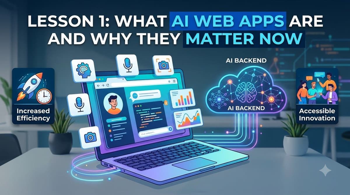 diagram comparing a traditional website (request returns fixed HTML from a database) versus an AI web app (request is forwarded to an AI model and the model's reply is returned to the browser)