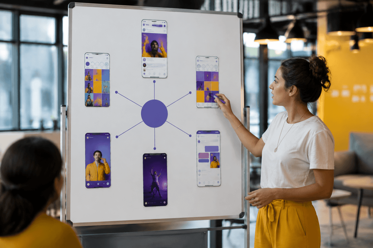 A visual map with one central Meta advertising system connected to Facebook Feed, Instagram Feed, Stories, Reels, and Messenger, with labels showing square feed creative and vertical full-screen creative requirements