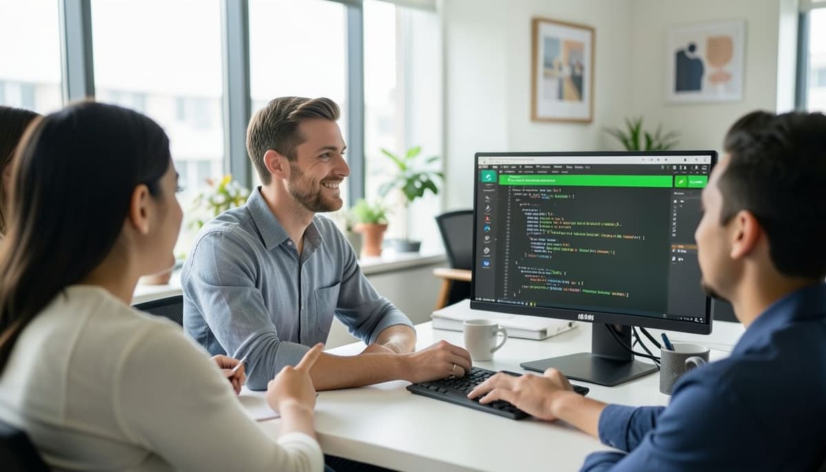 One developer responds to code review comments beside a green automated-test status panel.