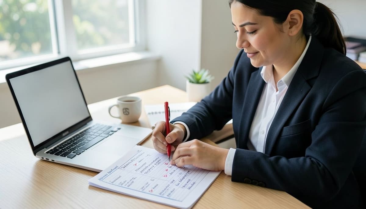 Une petite équipe éditoriale relisant un brouillon à côté d’une checklist consacrée à l’exactitude, au SEO, à l’utilité et à la publication