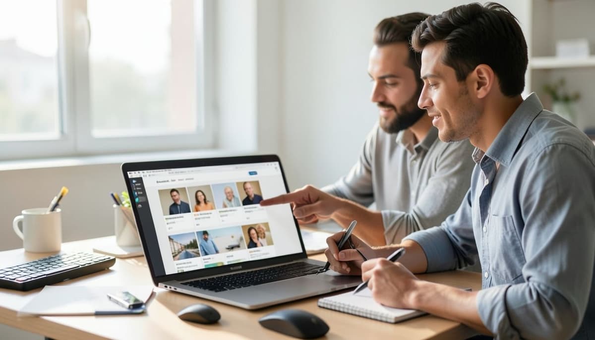 Two testers observing a product page where reserved image spaces keep the layout stable across laptop and phone screens