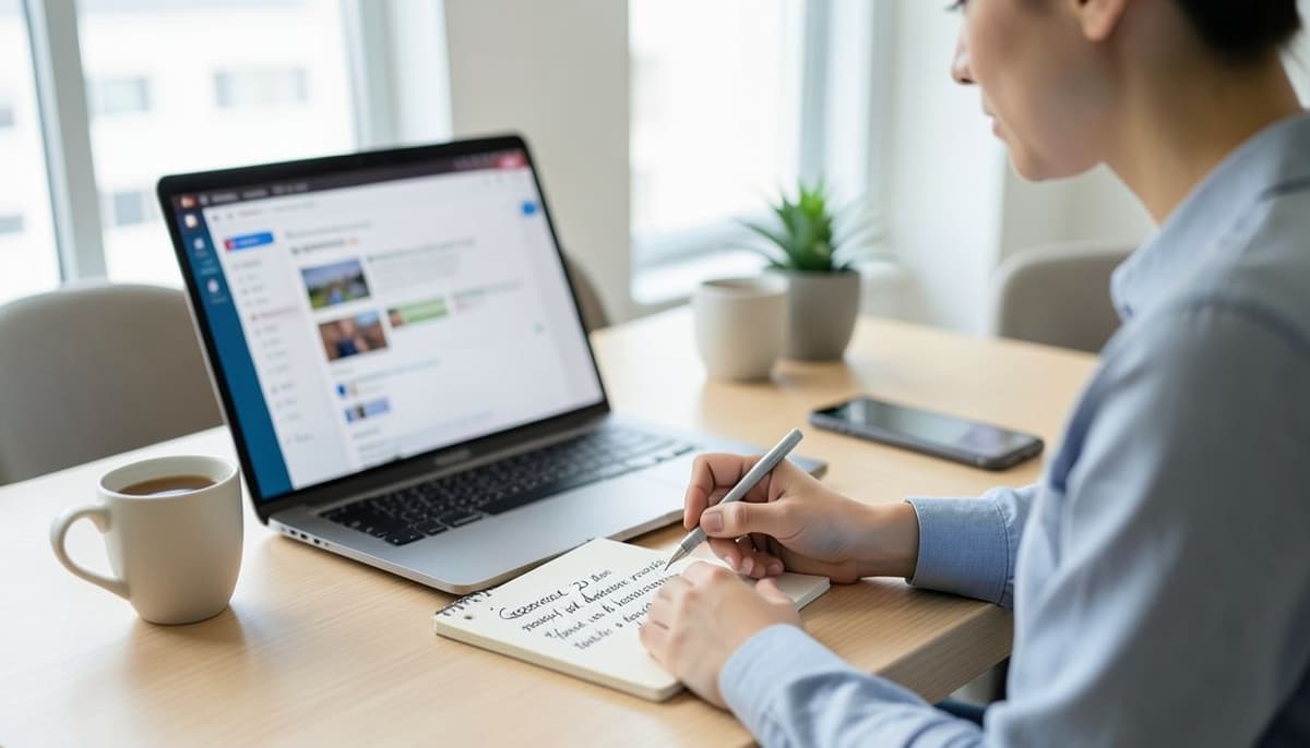 A clean desk with a laptop displaying a YouTube campaign objective dashboard beside a written marketing goal