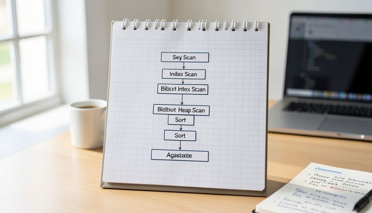 A clean PostgreSQL execution plan diagram with scan, join, sort, and aggregate nodes connected vertically