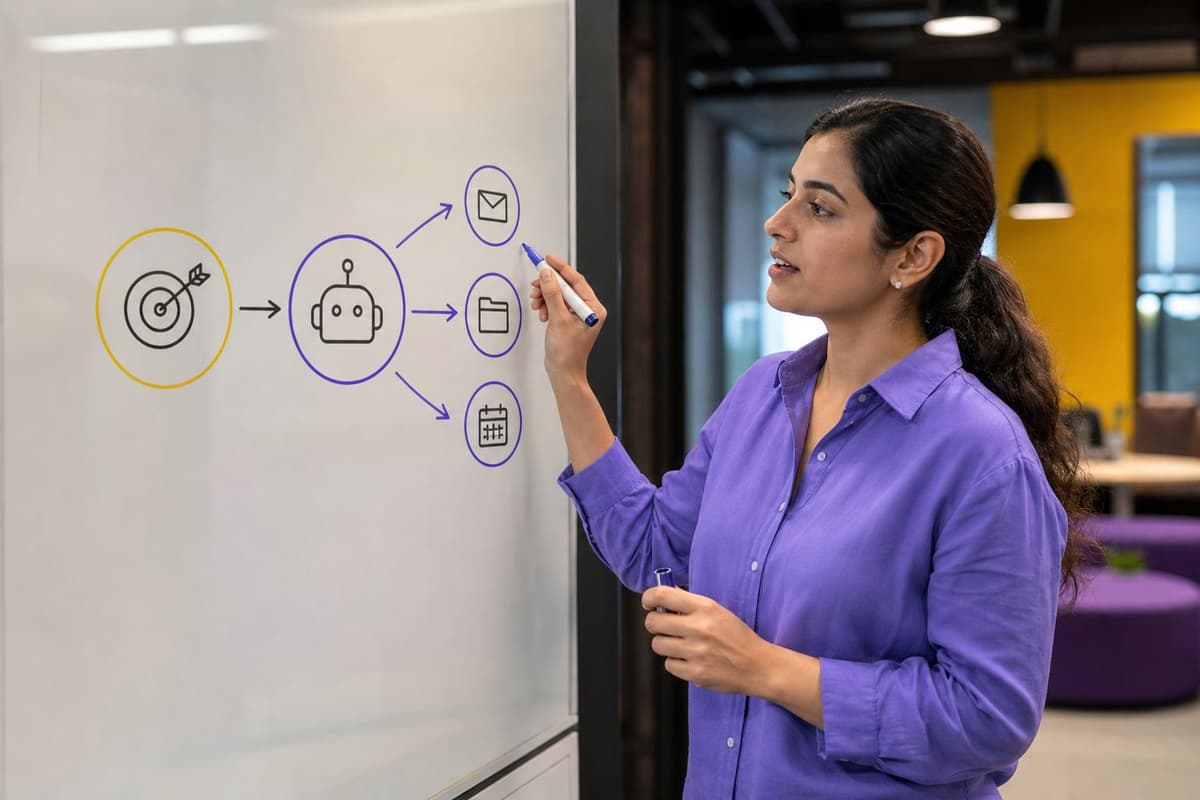 A simple flow diagram showing an AI agent connecting a goal icon to three business tool icons