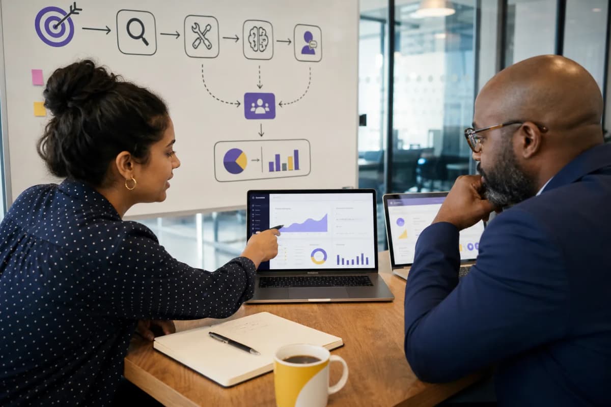 Business workflow showing a marketing goal leading to context gathering, approved tools, agent decisions, human escalation, and measurable outcomes