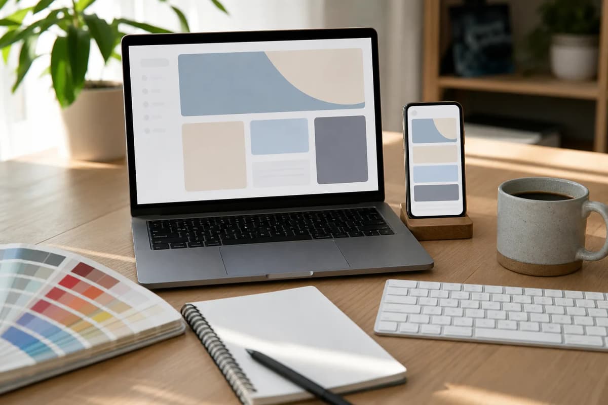 ノートパソコンとスマートフォンを並べ、レスポンシブなWebアプリをテストする1人のデザイナー
