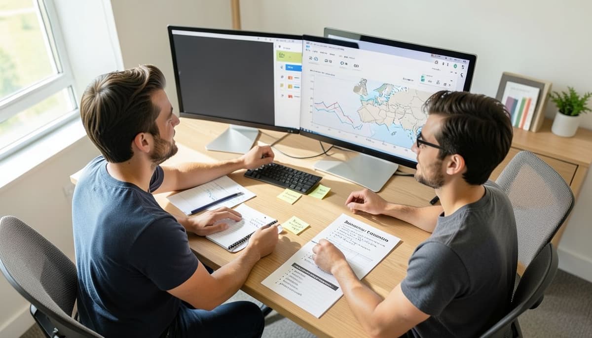 A small group reviewing a Power BI report with KPI cards, a monthly line chart, and a regional map on screen
