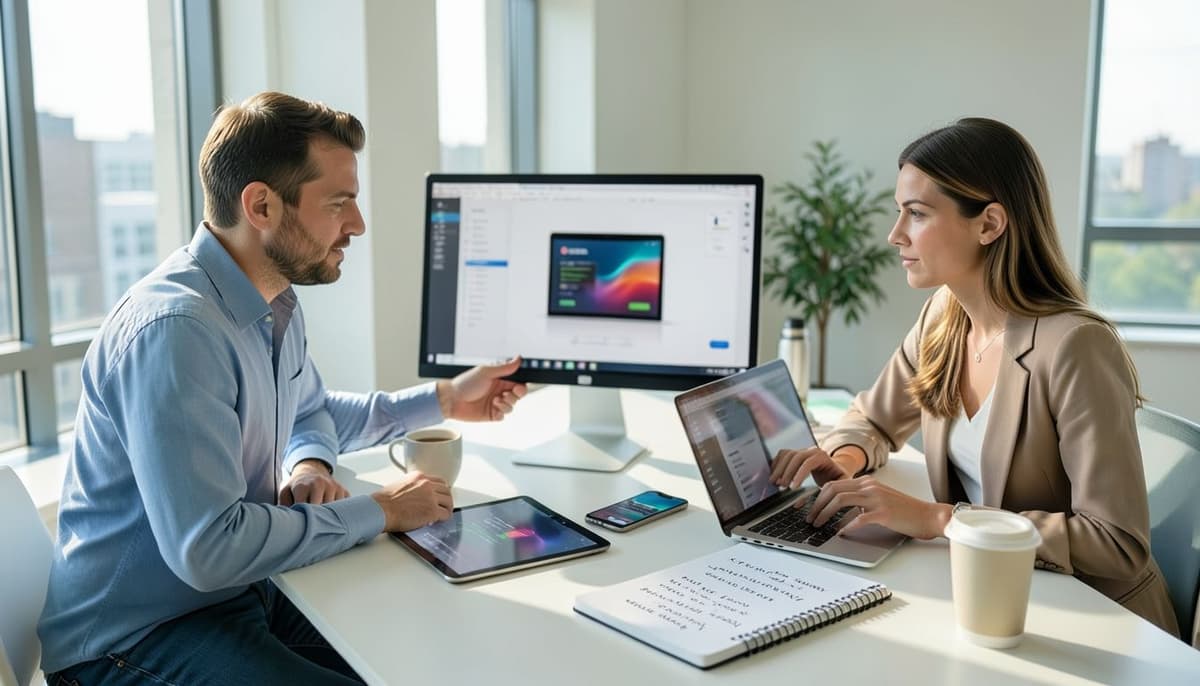 A small web team examining a large product image loading above the fold on multiple devices