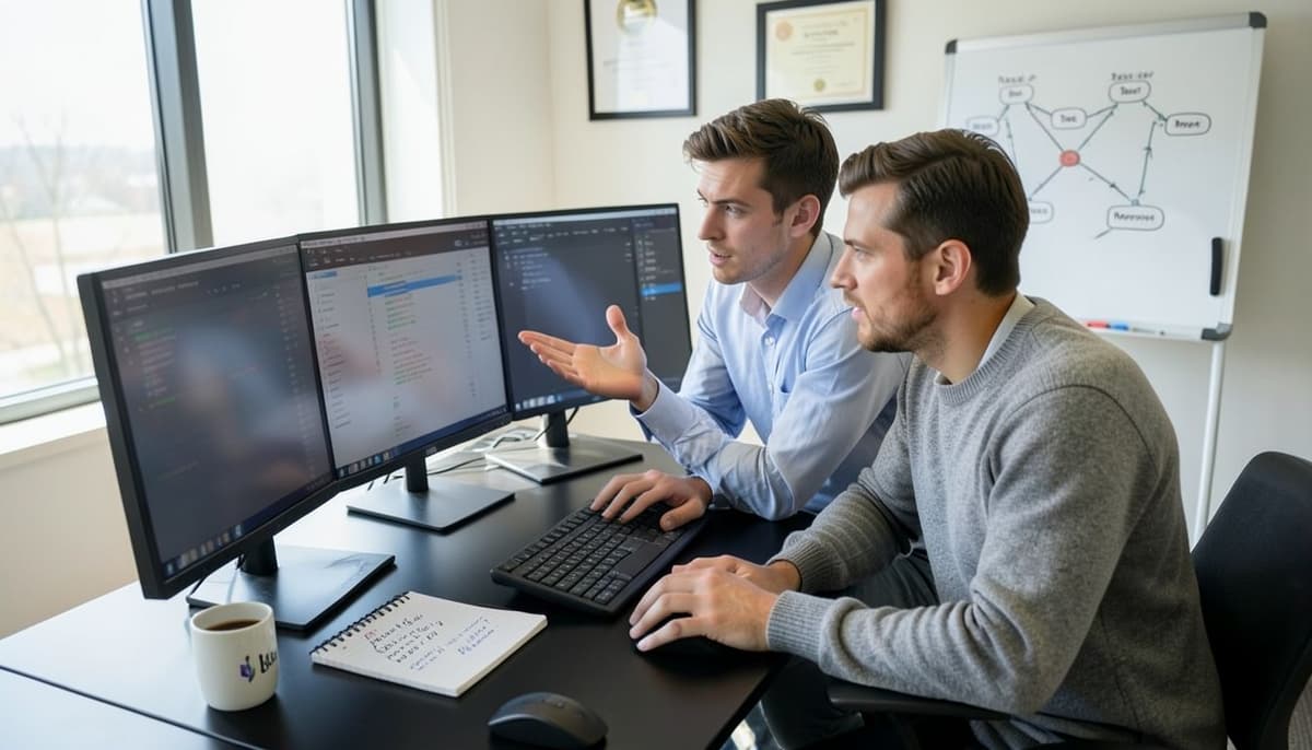 Two developers reviewing automated test results and a deployment dashboard on adjacent monitors
