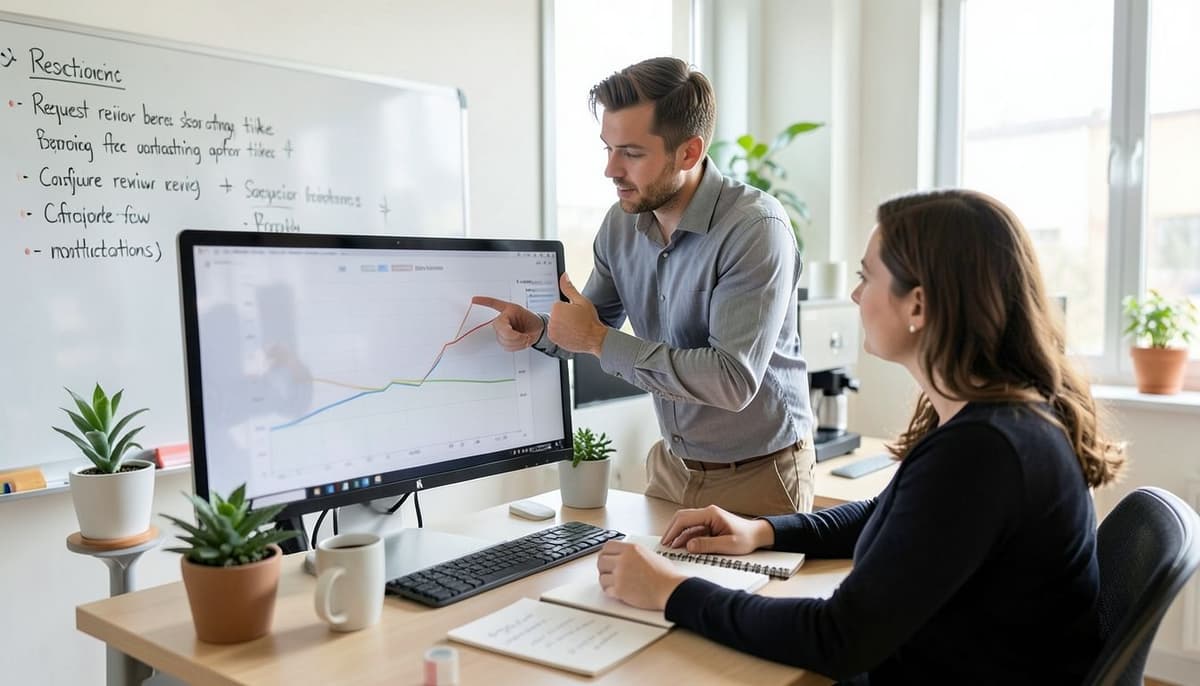 Un responsable de proyecto examinando un gráfico de burndown sencillo en un monitor, en un espacio de trabajo luminoso