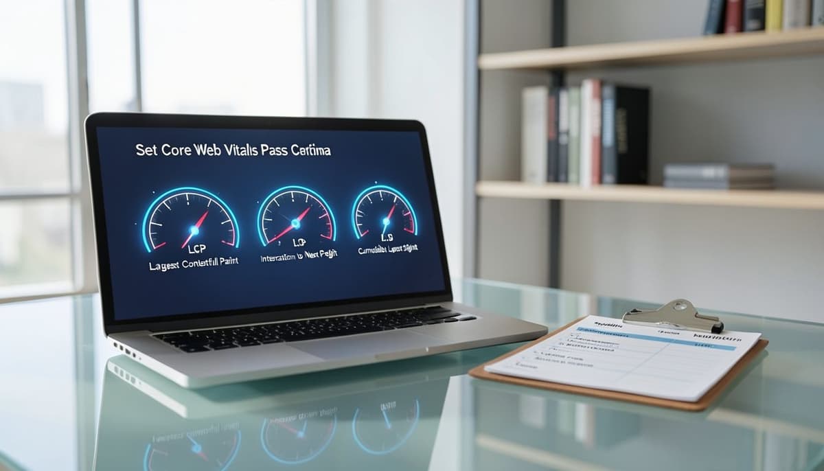 Three website performance gauges displayed on a laptop beside a launch checklist, with no people present