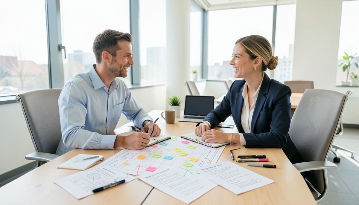 Dos profesionales del marketing revisando un calendario de contenidos y dibujando enlaces internos entre resúmenes de artículos impresos sobre una mesa de conferencias
