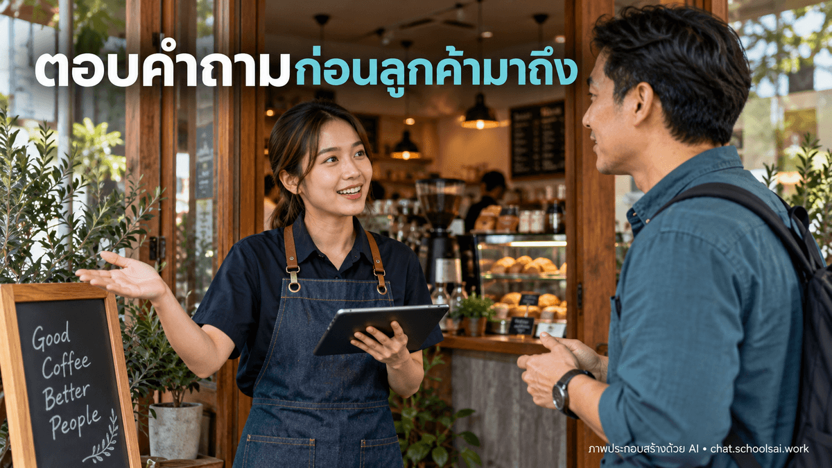 พนักงานอธิบายข้อมูลร้านที่ทางเข้า — ภาพประกอบสร้างด้วย AI