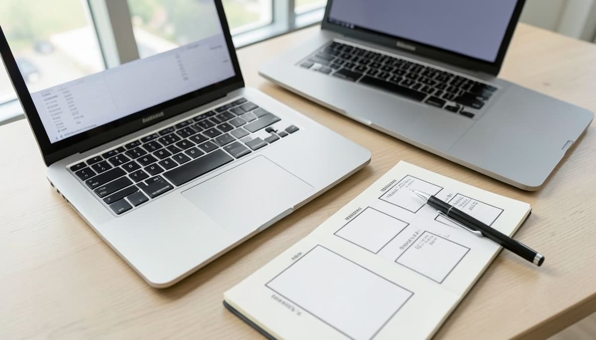 A laptop with a sales spreadsheet beside four blank metric tiles sketched on paper