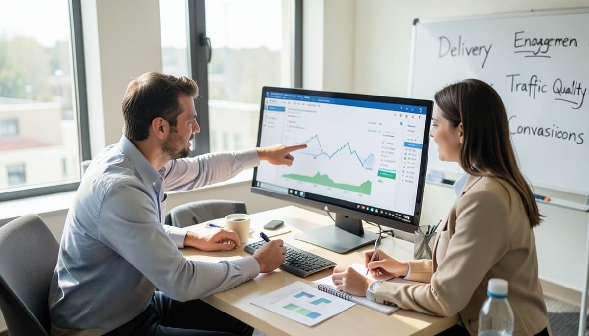 Two marketers comparing campaign charts and conversion data on a large monitor during a performance review