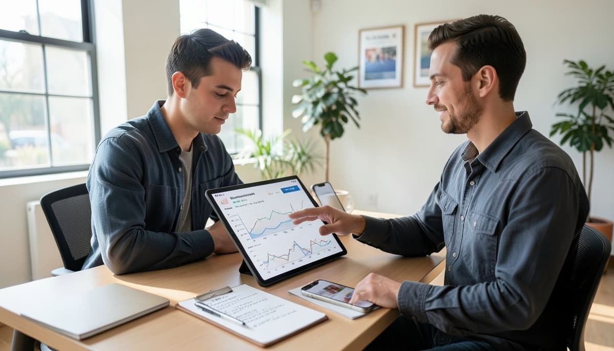A launch engineer reviewing website performance charts beside a smartphone and a completed quality checklist