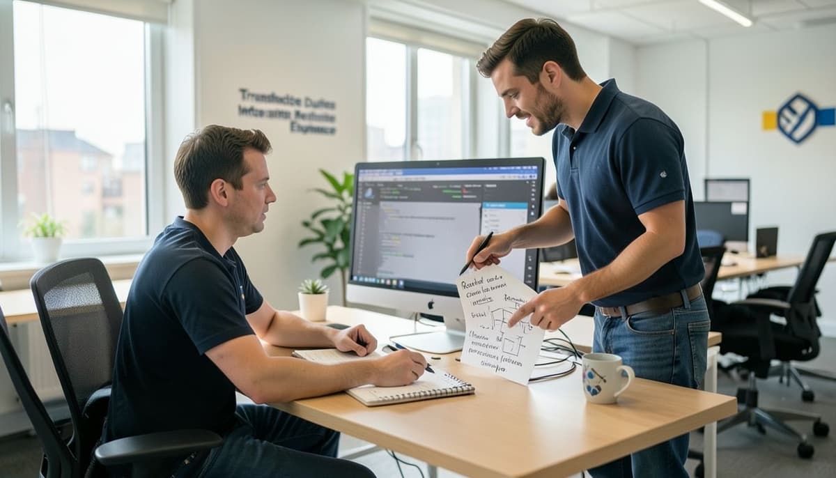 A single developer reviewing a project dashboard with code metrics and deployment results on screen