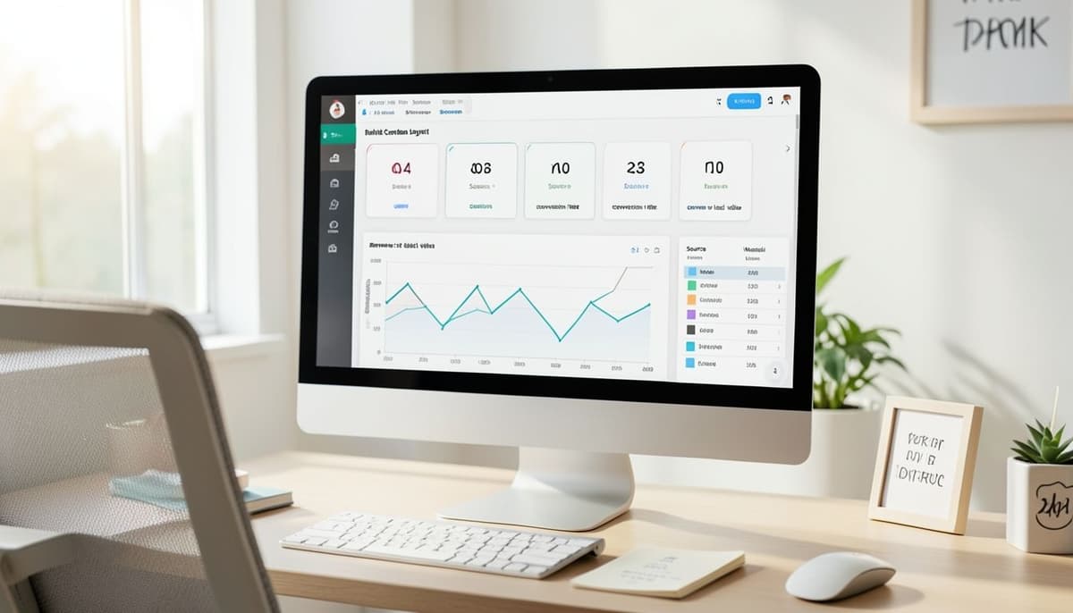 Une maquette filaire de tableau de bord marketing avec des scorecards en haut et des graphiques de tendance en dessous