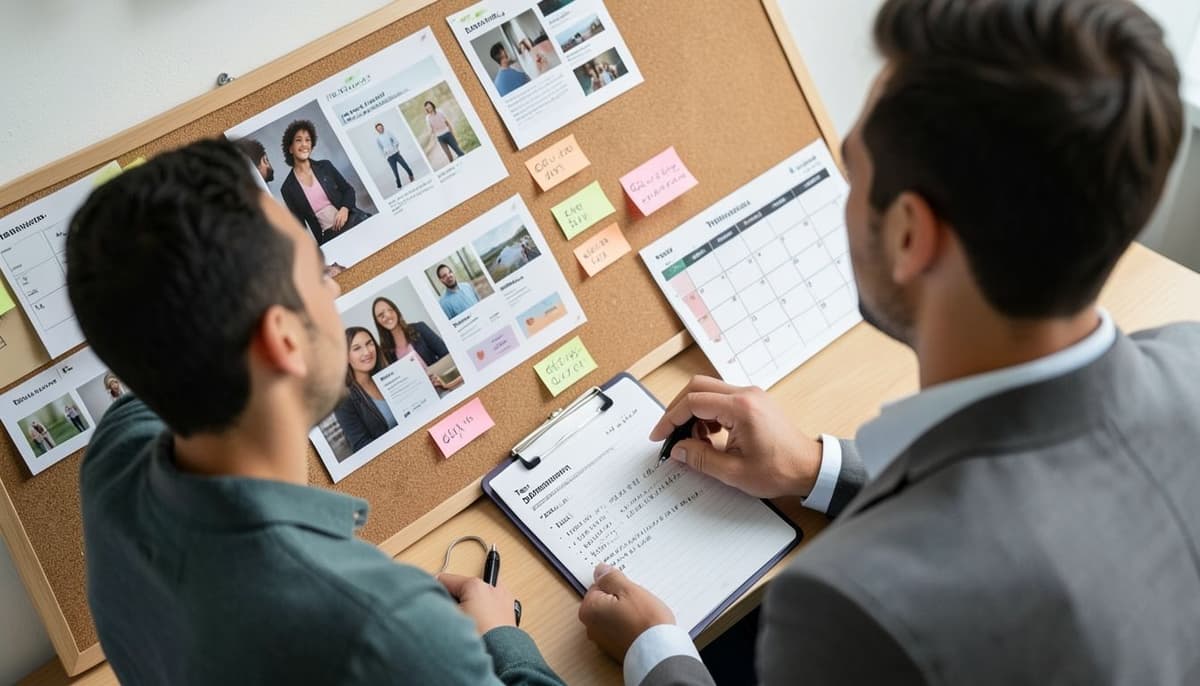 A small marketing team reviewing a campaign results board with creative samples, conversion notes, and a testing calendar