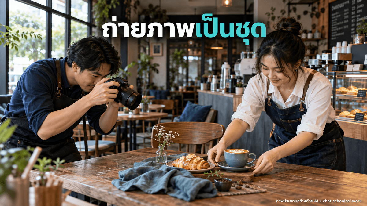 ทีมร้านถ่ายภาพเครื่องดื่มและขนมเป็นชุด — ภาพประกอบสร้างด้วย AI