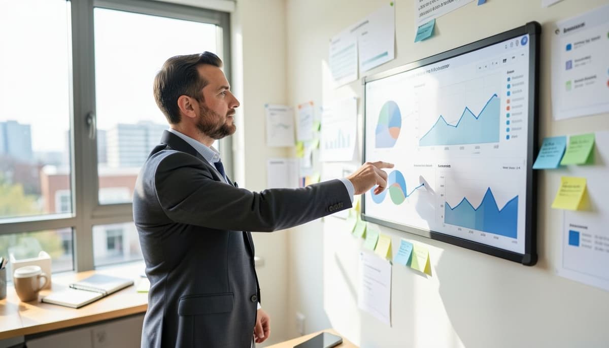 Two marketers comparing audience segments and ad delivery charts on a wall-mounted campaign dashboard
