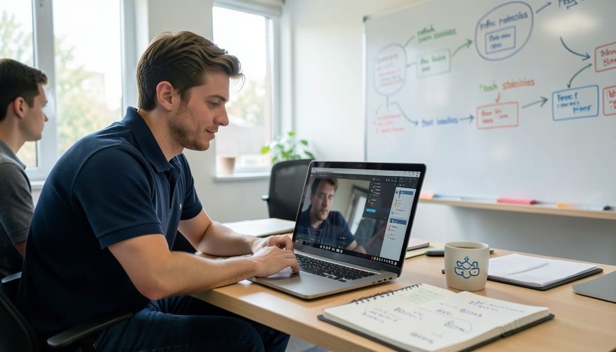 A small backend engineering team reviewing before-and-after query timings on a test database