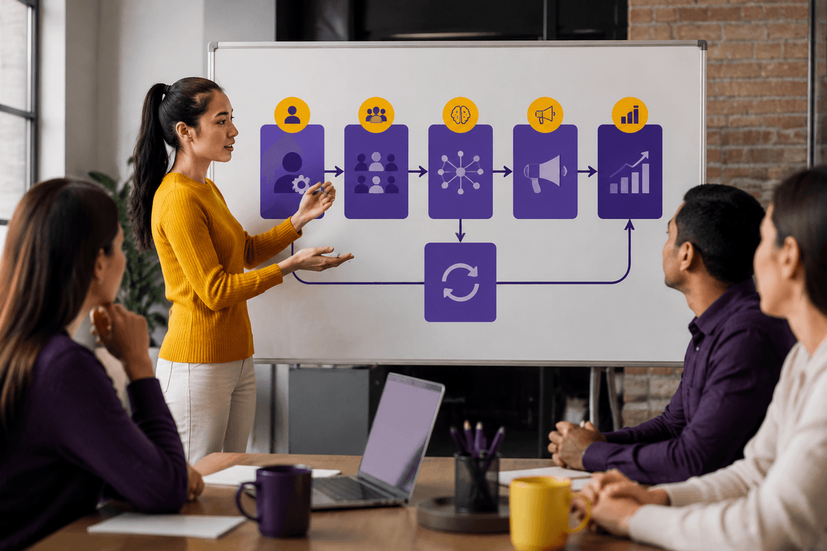 A flow diagram showing advertiser inputs, available user and business signals, Meta prediction and ad auction, ad delivery, and measured business outcomes, with feedback from outcomes returning to optimization.