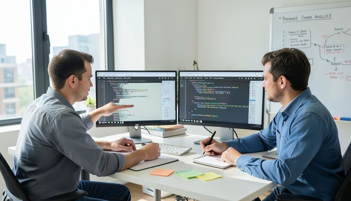 One developer comparing estimated and measured PostgreSQL execution plans on two monitors