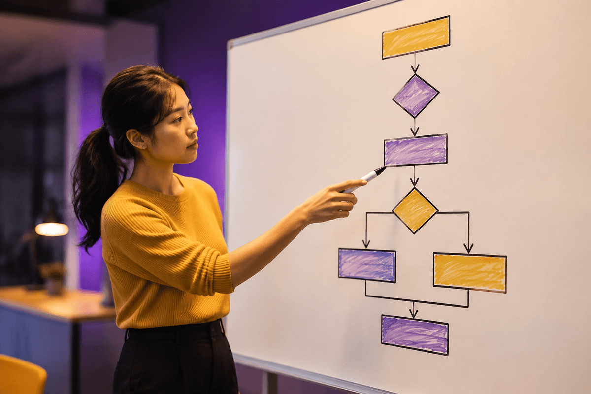 A business decision tree starting with desired outcome, then measurement readiness, optimization event, genuine audience constraints, broad versus guided audience test, and final evaluation using acquisition cost and customer quality.