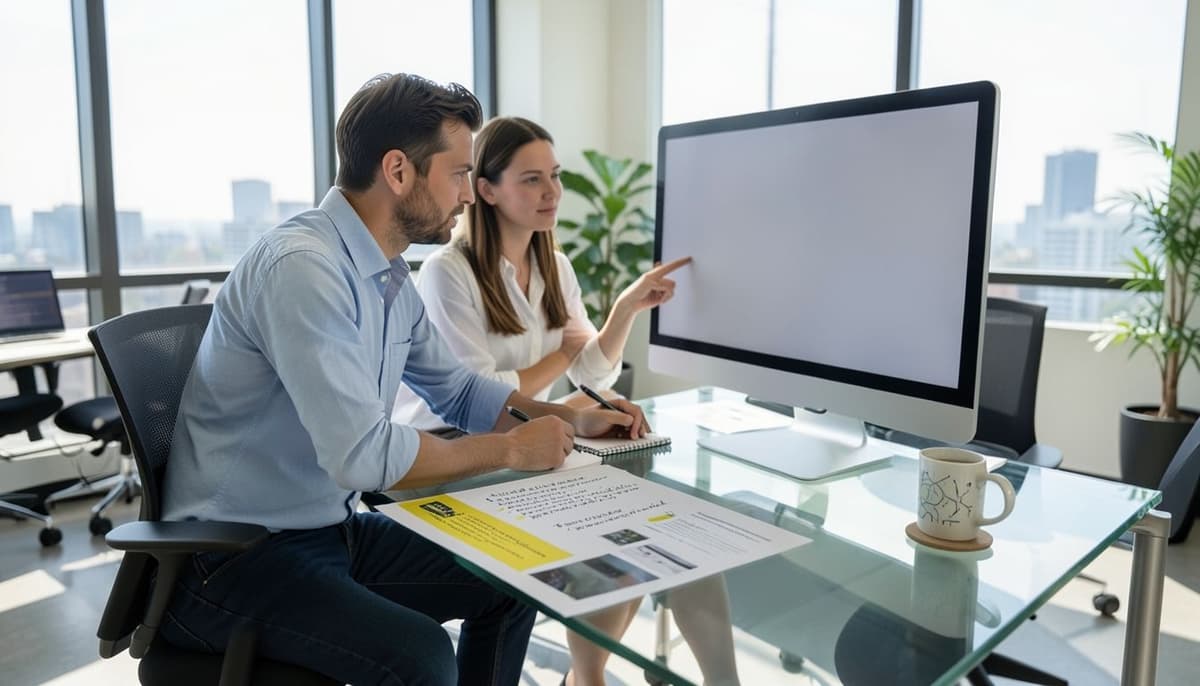 Two colleagues comparing a resume experience section with a list of frontend project requirements on a shared screen