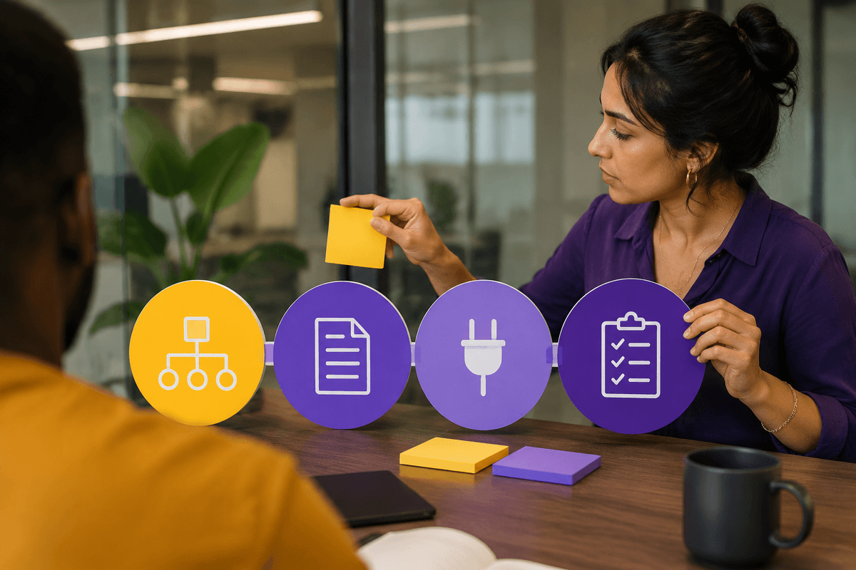 Four connected icons representing task steps, a prompt document, an API plug, and an evaluation checklist