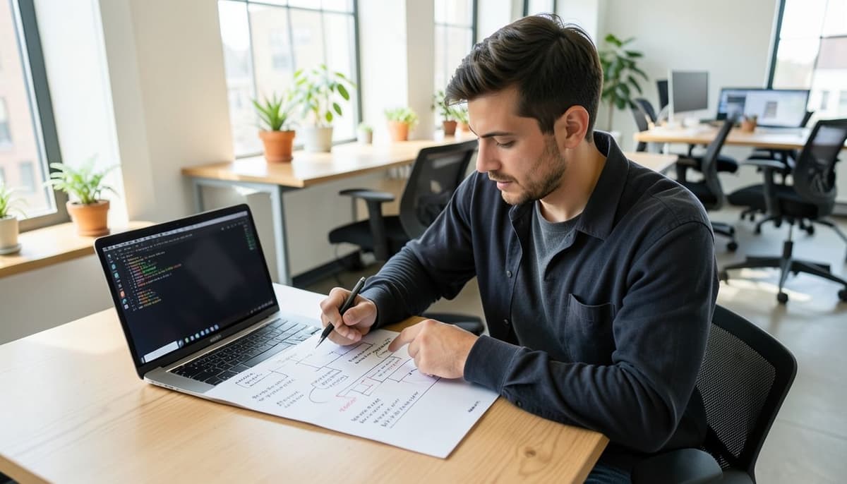 A small team examining an API workflow with request details and server logs on separate screens