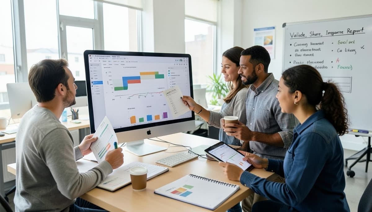 Une petite équipe marketing examine un tableau de bord sur un grand écran et vérifie les performances des campagnes