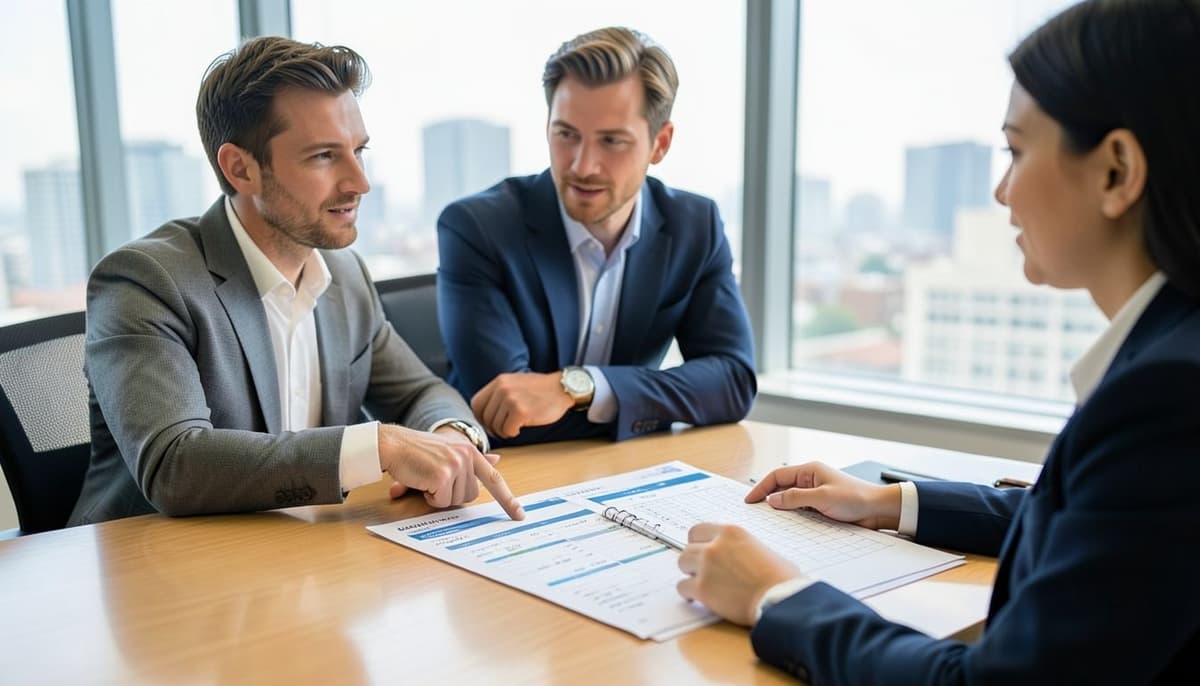A manager and analyst comparing a Power BI report with a spreadsheet at a conference table