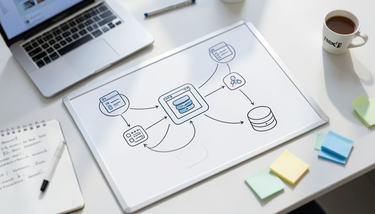 一张清晰的架构图,展示浏览器、Next.js 应用、API 服务和数据库层