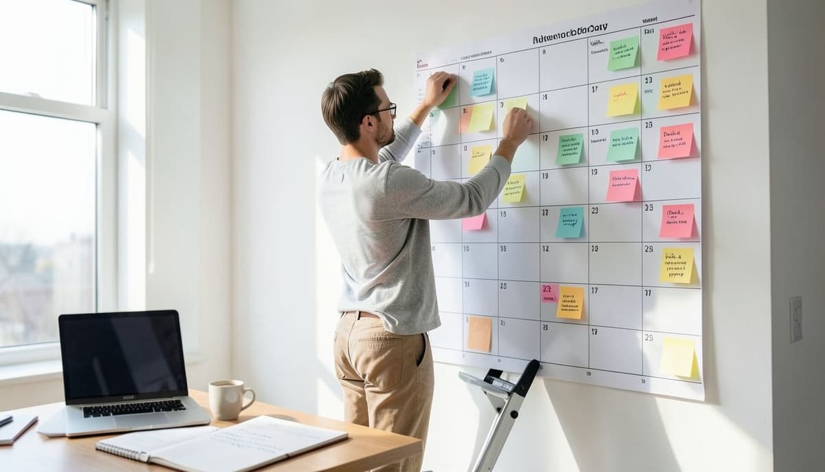 A content planner arranging four weeks of article and update tasks on a wall calendar.