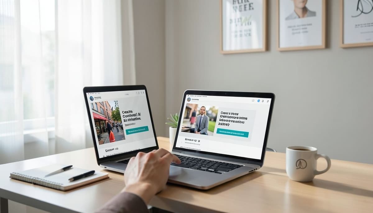 One marketer reviewing two polished social media ad variations on a laptop in a bright studio