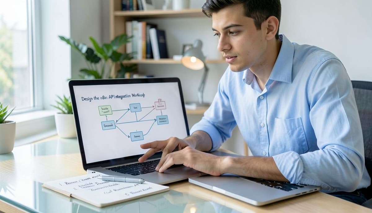 A clean workflow diagram with connected API, transformation, database, and notification nodes on a desktop screen