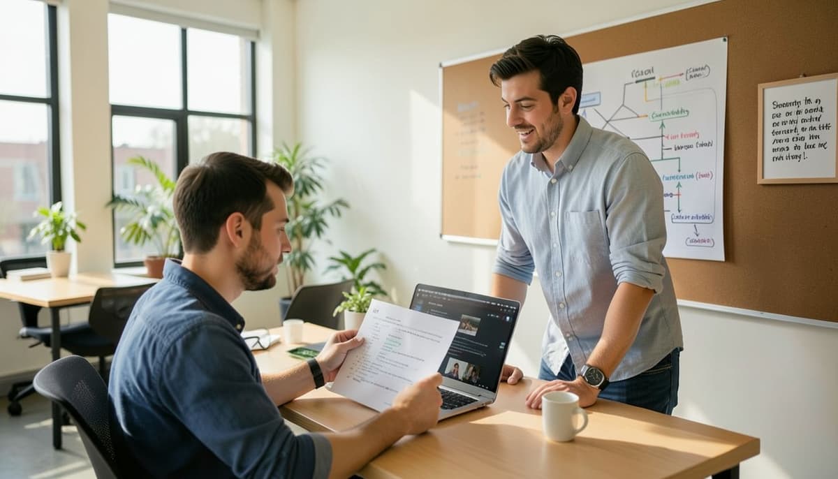 A developer reviewing a successful data response beside a web service diagram