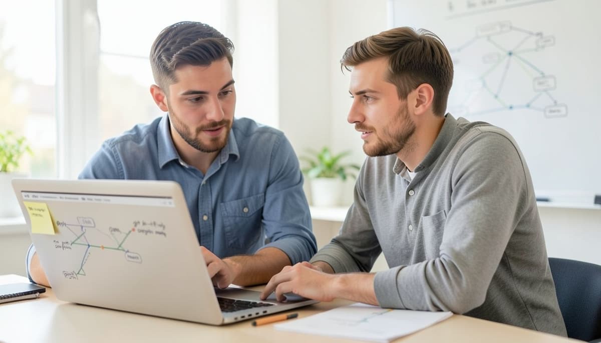 Two developers compare matching branch diagrams on laptops at a shared desk.
