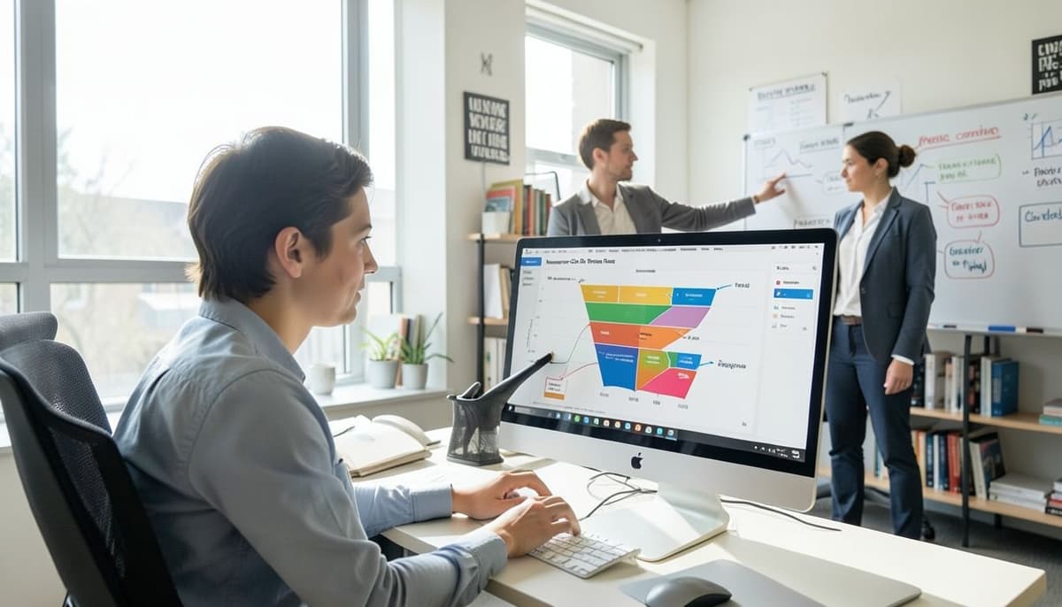 A single analyst examining a funnel chart from impressions to purchases on a large desktop monitor