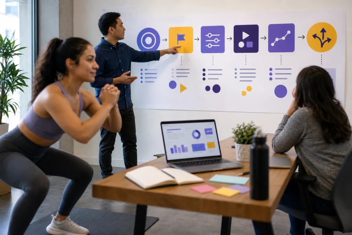 A decision flow from business goal to campaign objective, ad group delivery settings, ad creative hypotheses, measured signals, and the final scale, revise, or stop decision