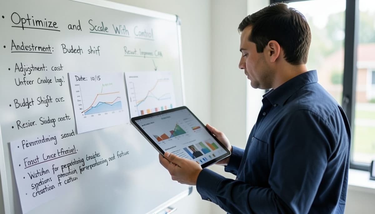 A small marketing team reviewing a scaling plan with campaign charts, budget notes, and creative thumbnails