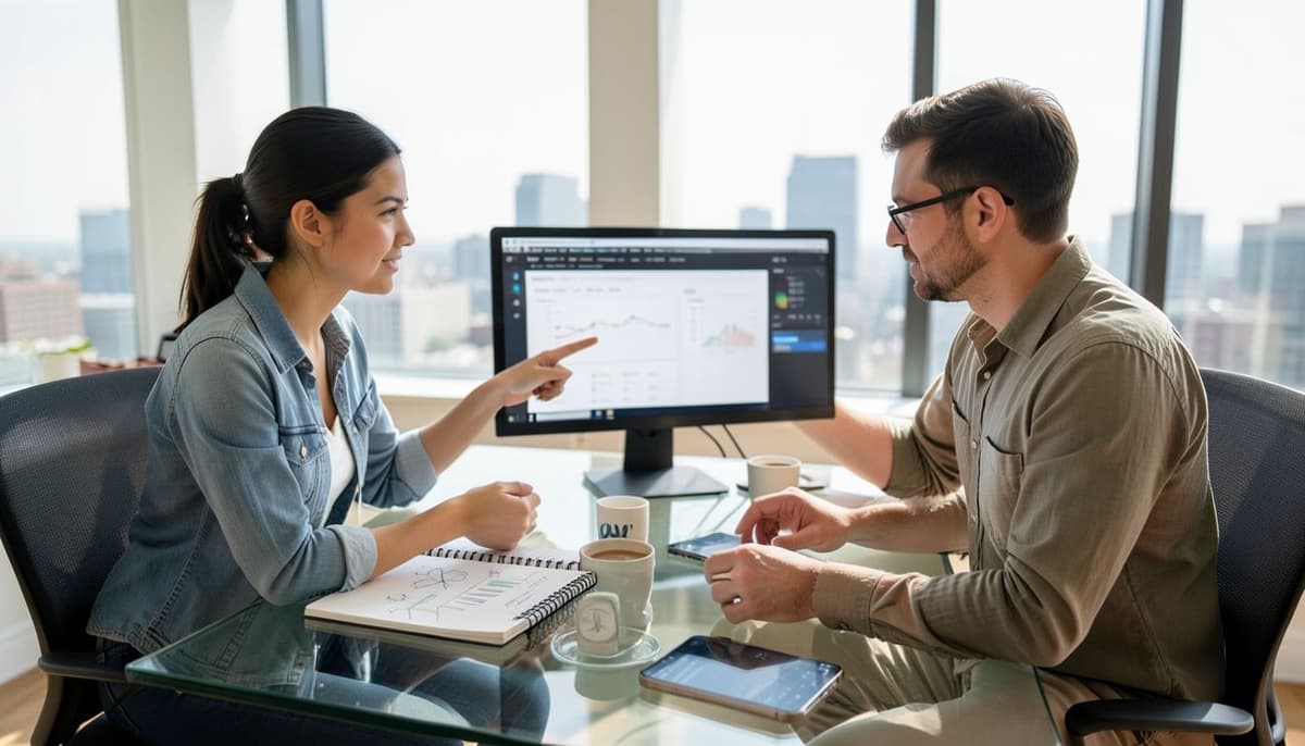 Two SEO specialists comparing a browser performance report with real-device analytics on separate monitors