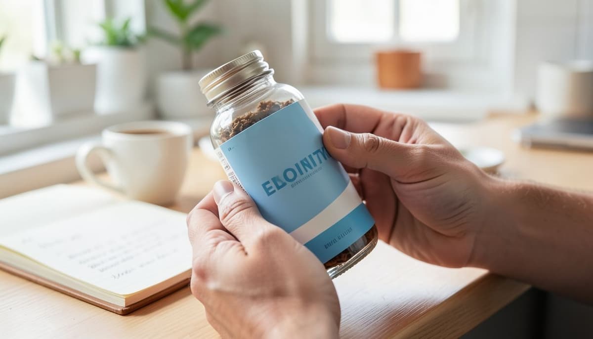 Une interface d'édition en gros plan avec une étiquette de produit masquée en bleu tandis que la bouteille et l'arrière-plan environnants restent inchangés