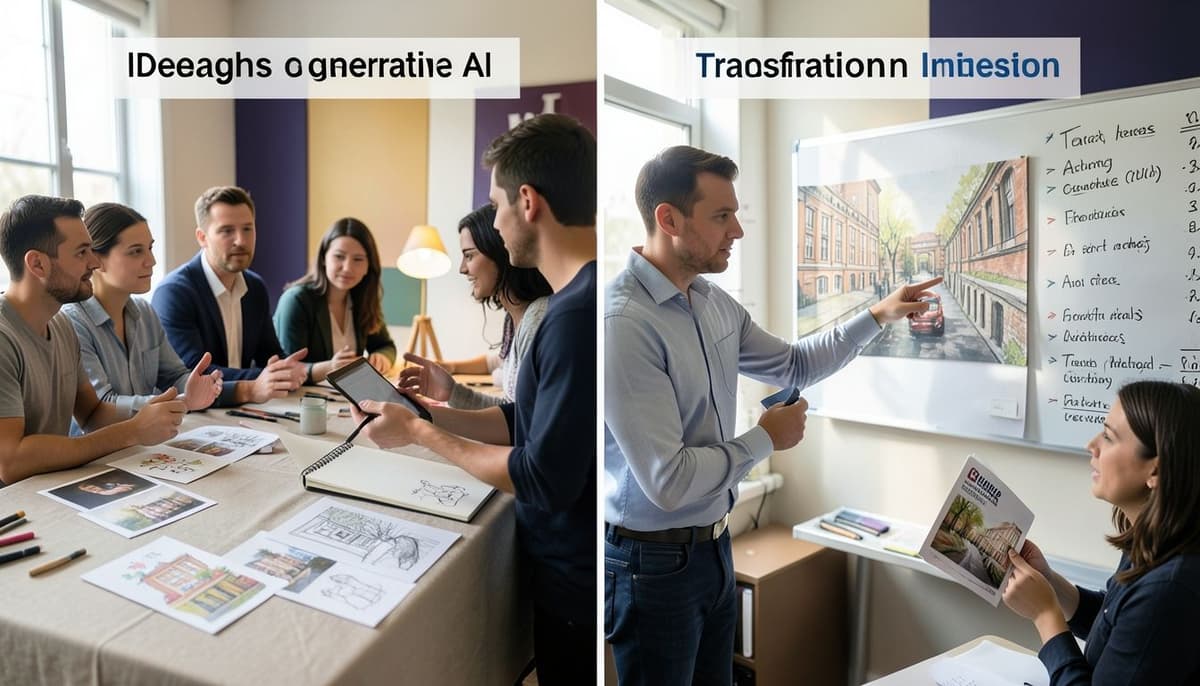 A two-column comparison showing generative AI strengths on the left, including ideation, variation, transformation, and rapid exploration, and limitations on the right, including factual accuracy, exact typography, consistency, and contextual judgment