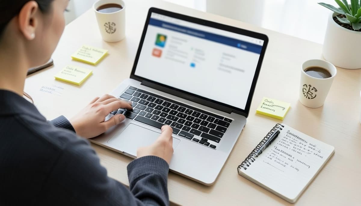 A single marketer reviewing segmented audience groups on a laptop with neatly arranged targeting notes