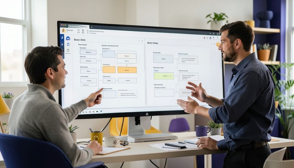 Before-and-after comparison of a disorganized canvas with scattered unnamed screens versus an organized canvas with aligned frames, consistent spacing, descriptive names, and grouped user flows